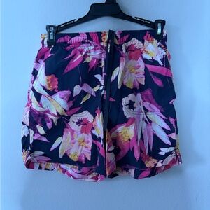 Women's Floral Drawstring Bermuda Shorts - Pink on Black